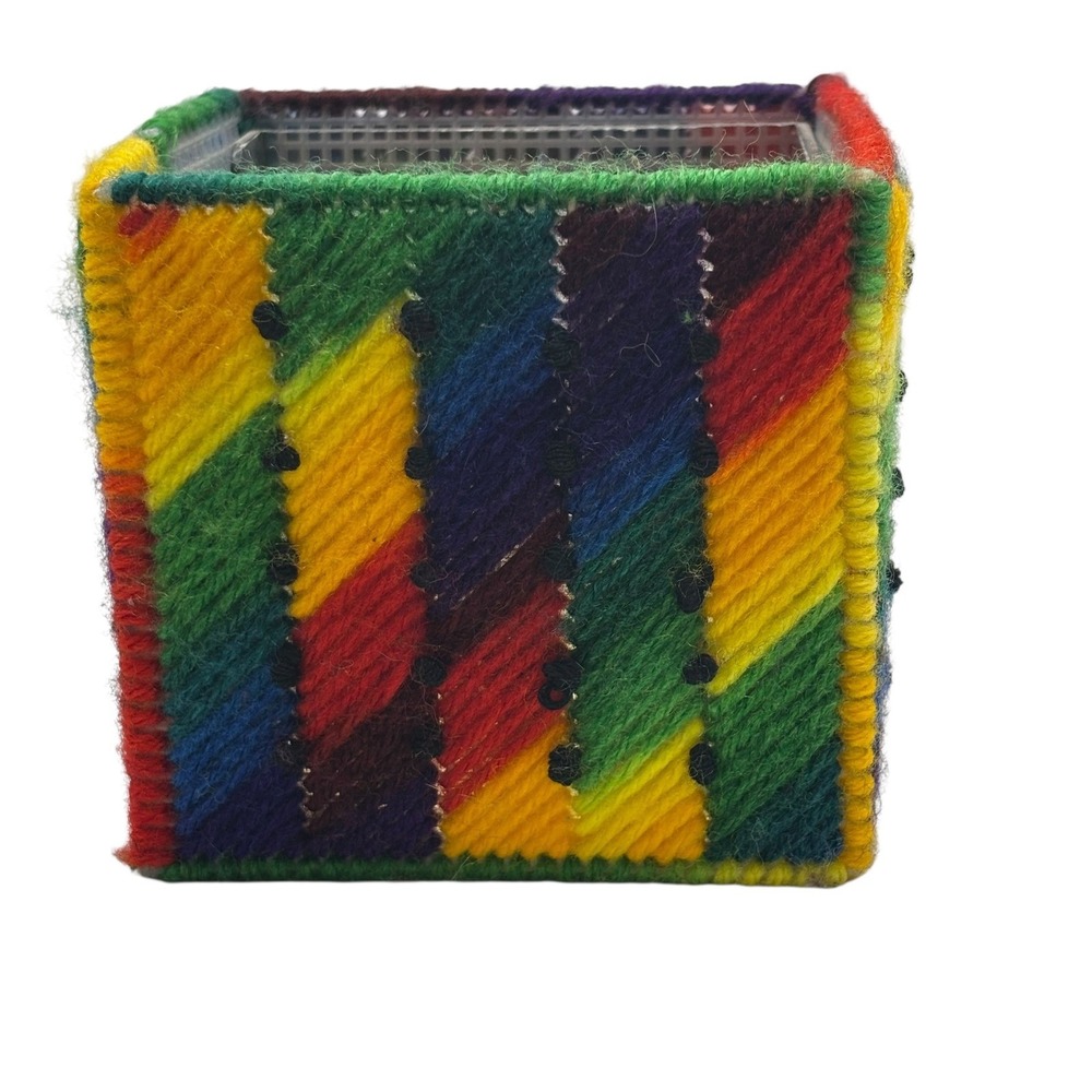 Rainbow Yarn Covered Plastic Canvas Pen Holder Desk Organizer Handmade Craft VTG